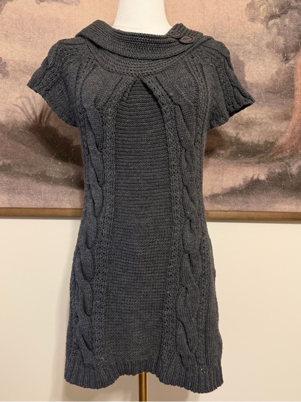 Funky People Charcoal Cable Knit Midi Dress with Button Collar Y2K
